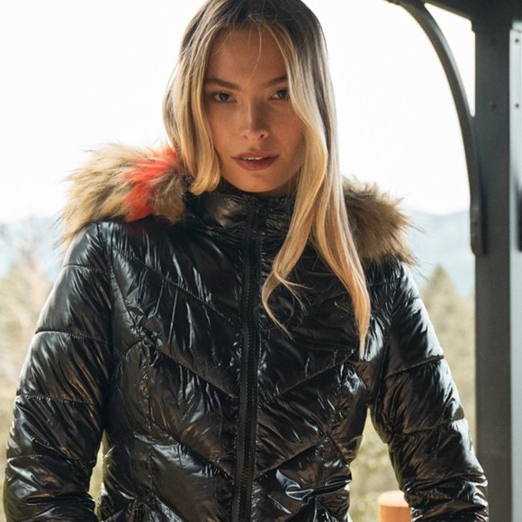 FLEECED LINED PUFFER JACKET - black Hoodie Faux fu - Picture 3 of 5